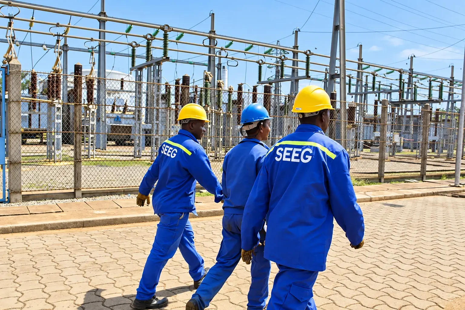 Techniciens au poste électrique SEEG
