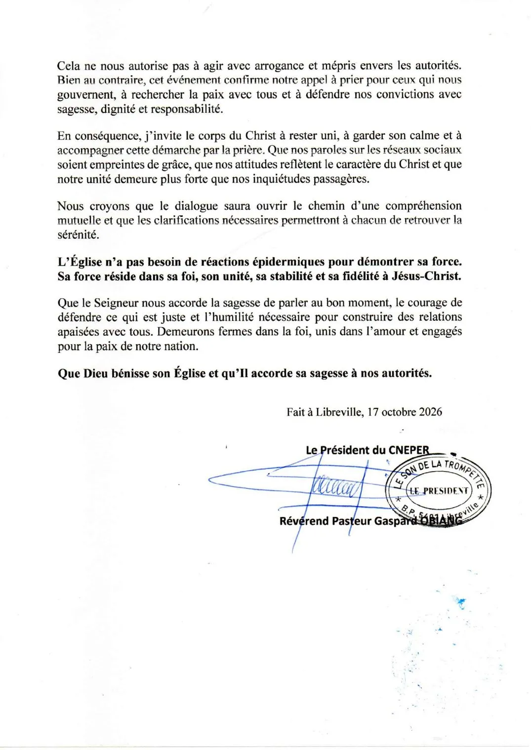 Message du président du CNEPER, page 2, signée